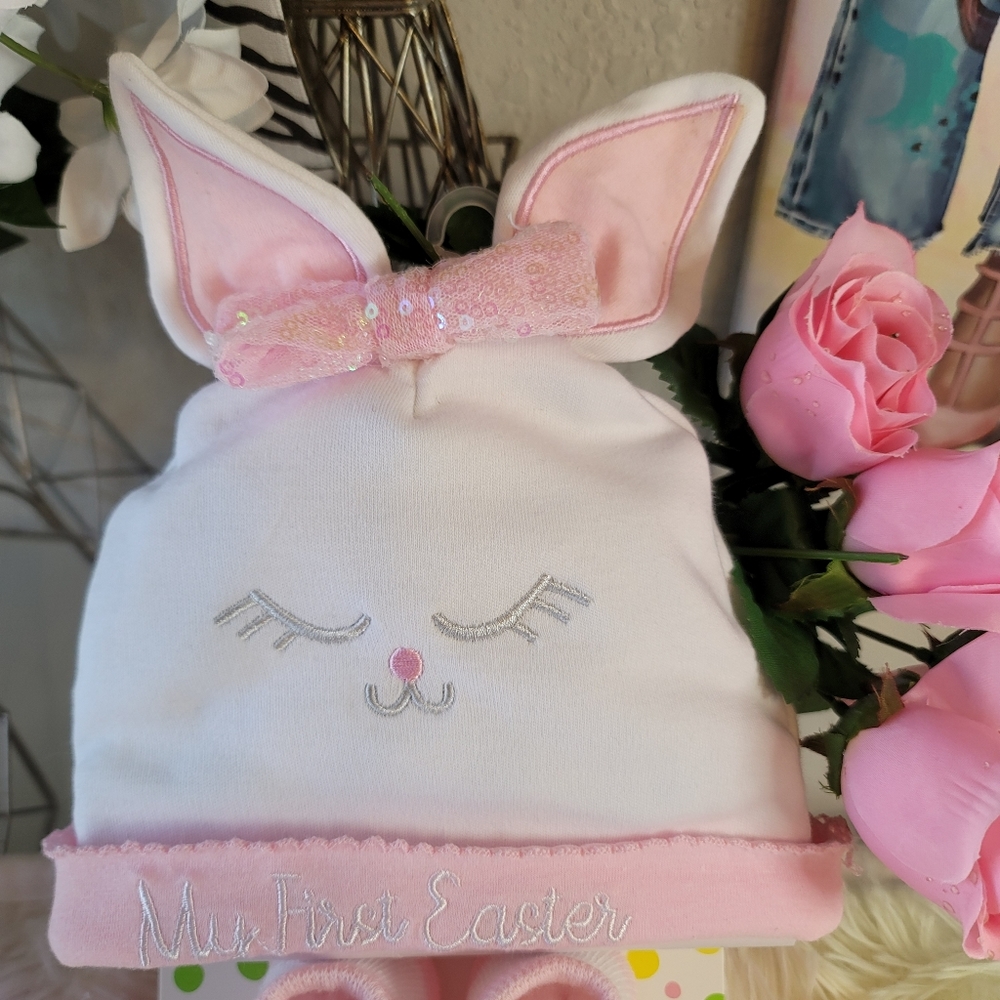 Little Me “My First Easter” Hat And Bootie Set 0-12 Mo. New With Tags Pink White - Picture 7 of 10